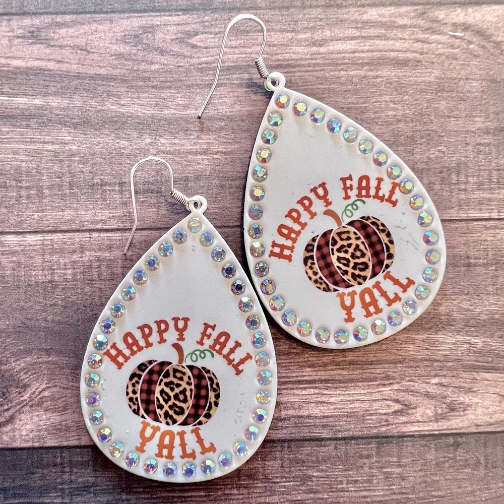 Metal •Happy Fall Y’all• Teardrop Earrings with Rhinestones • Leopard Pumpkin